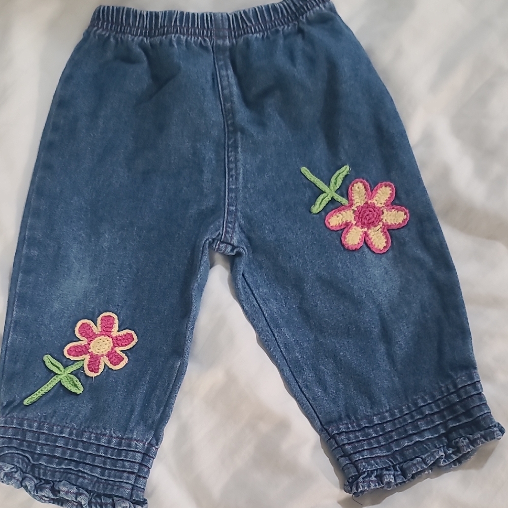 Buster Brown Blue Kids Jeans with Pink Floral Embroidery